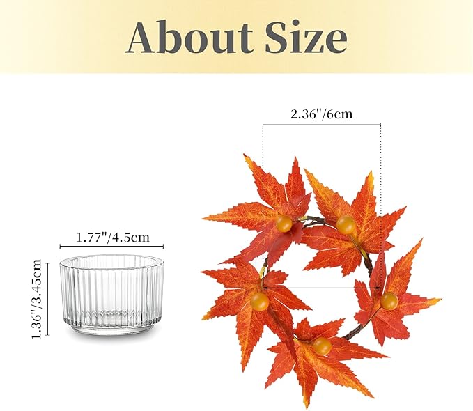Hewory Fall Candle Holder Centerpiece: Thanksgiving Candle Holders Set of 4 with Maple Leaves Wreath & Berries, Glass Tealight Candle Holder Fall Centerpiece Table Decorations for Thanksgiving Table