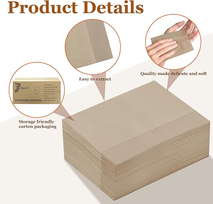 Disposable Fold Napkins, 13"x11.6" 1-Ply 1500 Count Paper Dinner Napkins, Brown Napkins Bulk for Restaurants and Cafes (16.2" X 15")