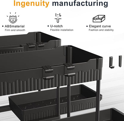 2 Pack Multi-Purpose Under Sink Organizers and Storage, 2026 Pull Out Cabinet Organizer for Bathroom & Kitchen, Under Cabinet Organizer with Hooks Hanging cup, Black