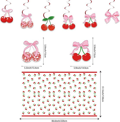143PCS Cherry Birthday Party Decorations, She's The Cherry On Top Party Supplies Plates and Napkins Set, Tableware,Banner, Hanging Swirls, Tablecloth, Cake Cupcake Topper, Wedding Bridal Baby Shower