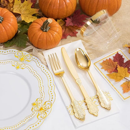 Ciaell 175 PCS White and Gold Plastic Plates - Fancy Gold Disposable Dinnerware Set with of 50 Plastic Plates, 25 Knives, 25 Forks, 25 Spoons, 25 Cups, 25 Napkins for Wedding, Party &Thanksgiving