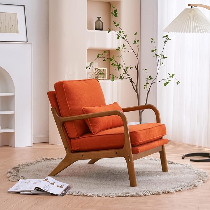 Bonnlo Linen Burnt Orange Mid Century Modern Accent Chair, Soild Wood Padding Lounge Armchairs Side Sitting Chairs for Living Room, Bedroom, Guest Room