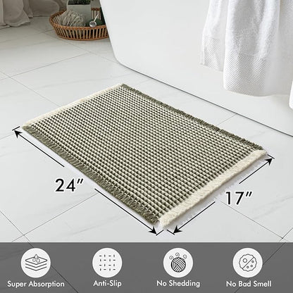 MIULEE Set of 2 Waffle Bathroom Rugs, Boho Bath Rugs Non Slip Washable, Super Absorbent Bath Mats, Ultra Soft Rubber Backed Shower Mats for Bathroom Floor, Tub, Green & Cream, 17x24 Inch