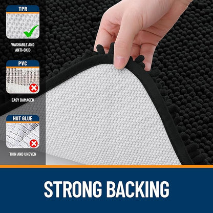 OLANLY Bathroom Rugs 50x30, Extra Soft Absorbent Chenille Bath Rugs, Rubber Backing Quick Dry, Machine Washable Bath Mats for Bathroom Floor, Tub and Shower, Home Decor Accessories, Black