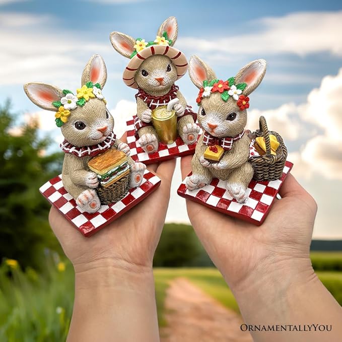 OrnamentallyYou Sweet Easter Decoration for Indoor & Outdoor (Joyful Picnic Gathering Bunny Trio Set of Three Figurines, Spring Rabbit Statue 4.5" Decor)