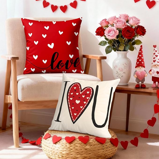 Valentines Day Decorations-Valentine Pillow Covers 18x18 Set of 4, Red Hearts I Love You Happy Valentine's Day Throw Outdoor Pillow Covers Anniversary Wedding Cushion Case for Home Sofa Couch Decor