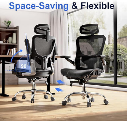 Ergonomic Office Chair, Mesh Seat Cushion with 3D Armrests and 3D Headrest, Adjustable Lumbar Support with 90-120° Rocking Function, Black