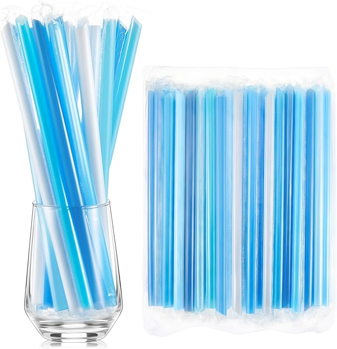 Tessco for you Jumbo Smoothie Straws Bulk Large Plastic Disposable Bubble Tea Straws Wide-Mouthed Individually Wrapped for Tall Homemade Milkshakes Drinking(9.84 Inch,Blue,600 Pcs)