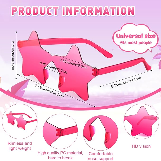 10/20/30/40 Pack Star Sunglasses Rimless Transparent Pentagram Shaped Sunglasses Bulk Party Favor Glasses for Women (30, Rose Red)
