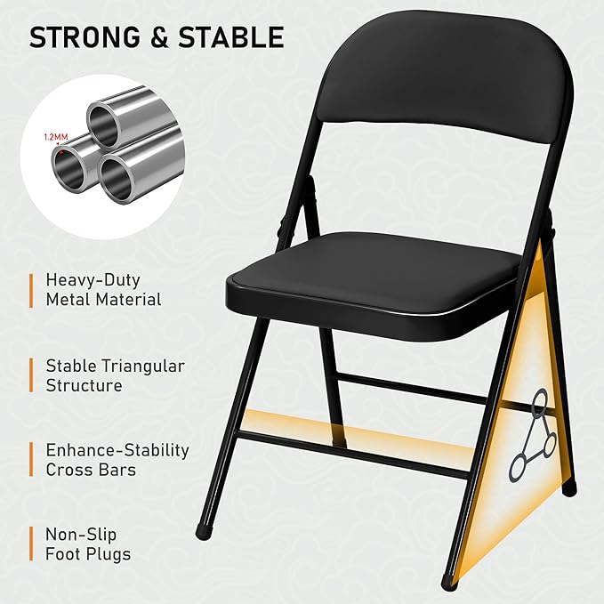 SEALAMB 10 Pack Black Folding Chairs with Padded Seats & Cushion, Durable Metal Foldable Chairs for Wedding Party, Commercial Chairs for Office School Church Events, 330lb Capacity (Black-PU, 10 Pack)