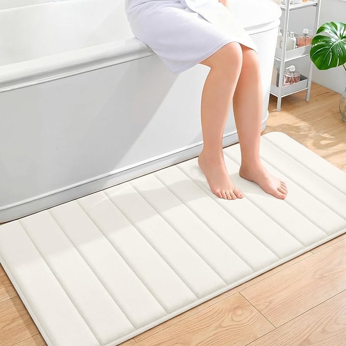 OLANLY Memory Foam Long Bathroom Rugs Runner 47x24, Super Soft Absorbent Bath Mat, Quick Dry, Machine Washable Shower Floor Rugs, Bathmat Carpet, Bathroom Home Decor Accessories, Ivory