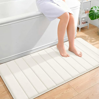 OLANLY Memory Foam Long Bathroom Rugs Runner 47x24, Super Soft Absorbent Bath Mat, Quick Dry, Machine Washable Shower Floor Rugs, Bathmat Carpet, Bathroom Home Decor Accessories, Ivory