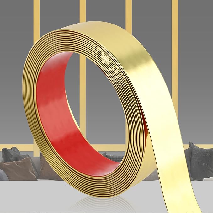 Glossy Gold Peel and Stick PVC Molding Trim, Flexible DIY Wall Accent Strip for Mirror Frame, Cabinet, Edges & Borders and Tiles (394''L x 1.6''W)
