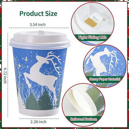 Christmas Cups with Lids and Sleeves 12oz Disposable Coffee Cups with Lids Hot Chocolate Cups 10 Designs, Christmas Paper Cups for Hot Cocoa Bar Supplies, 90 Pieces