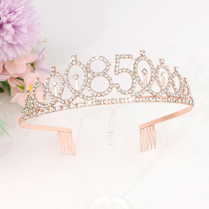 CIEHER 85th Birthday Crown, Sash + Pearl Pin Set - Gifts for Women, Decorations and Party Supplies
