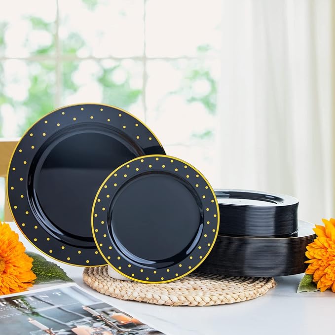I00000 102 Pcs Clear Black Plastic Plates, Black Disposable Party Plates Include 51 Dinner Plate 10.25’’ and 51 Dessert Plate 7.5’’, Halloween Plates Perfect for Wedding, Party & Halloween