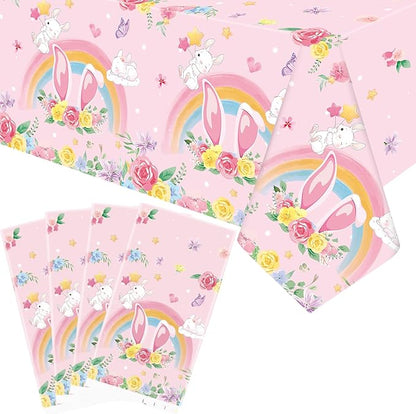4 Pack Pink Bunny Party Tablecloth Supplies, Rabbit Rectangle Plastic Tablecloth for Rectangle Tables Gilrs Birthday Party Supplies Favors 51'' X 86''