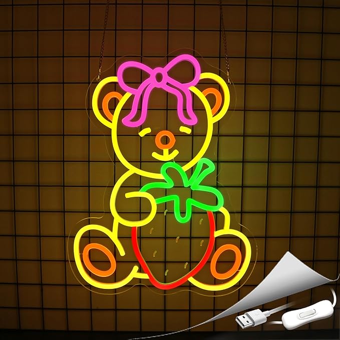 Strawberry Bear Neon Sign Girl Room Decor Led Neon Lights Signs for Wall Decor USB Powered Led for Room Decoration