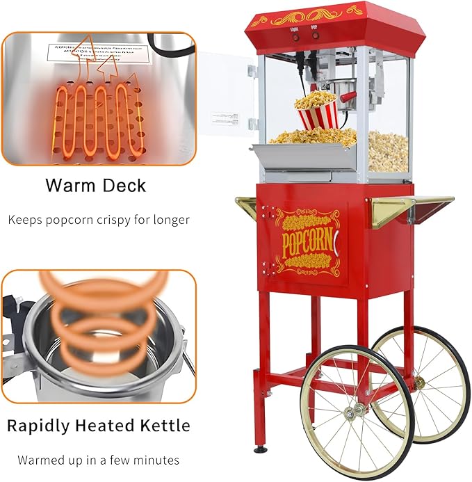 Vintage Commercial Popcorn Machine with Cart - 8oz Kettle for 32 Cups/Batch, with Warming Lamp, Glass View Door and Wheels for Home Theater and Parties (Red)