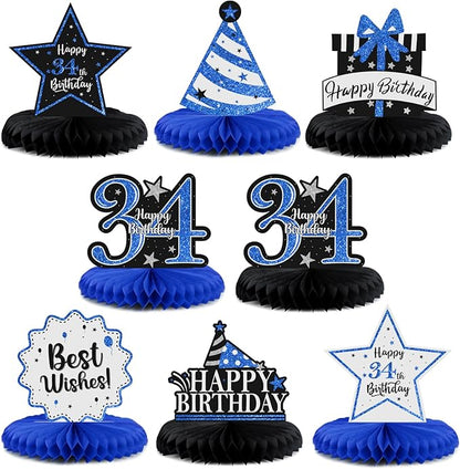 Happy 34th Birthday Decorations,34th Bday Blue Glitter Shiny Stand Honeycomb Table Centerpieces - Cheers to 34 Years Old Birthday Party Photoprop Gift Sign.