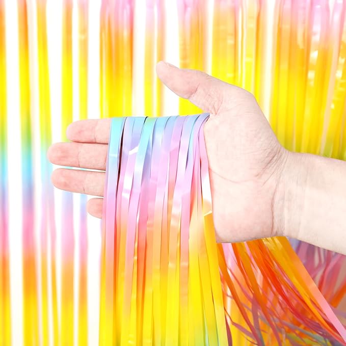 3 Pack 3.3 x 8.2 ft Pastel Rainbow Foil Fringe Backdrop Curtains, Tinsel Streamers Birthday Party Decorations, Fringe Backdrop for Graduation, Baby Shower, Gender Reveal, Disco Party