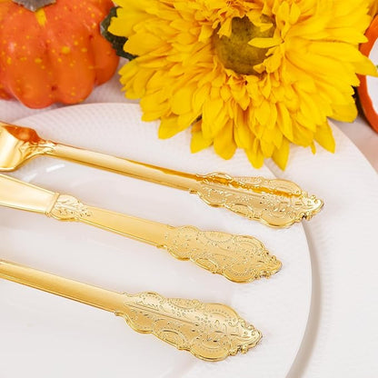 Liacere 400PCS Gold Plastic Silverware - Pre Rolled Napkins Disposable Gold Plastic Cutlery-Premium Quality Utensils-Includes 100Forks,100Knives,100Spoons,100 Napkins & Wedding & New Year