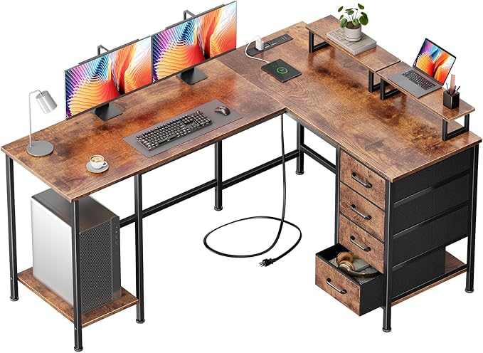 59 inch L Shaped Computer Desk with Power Outlets, Home Office Desk with 4 Adjustable Storage Drawers & 2 Monitor Stands, Two Person Gaming Table for Bedroom, Rustic Brown