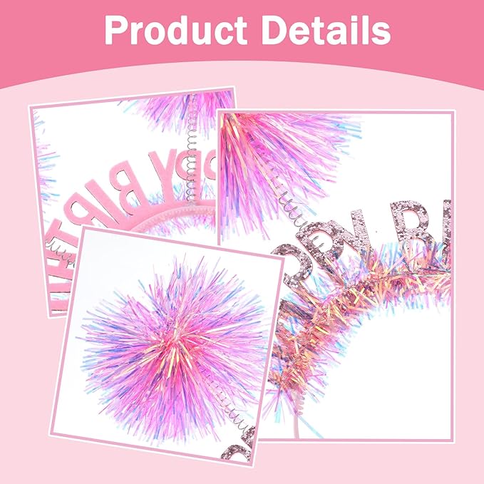Birthday Crown for Girls and Women, Pom Pom Headband Happy Birthday Tiara Hair Headband Accessories for Adults Kids(Pink)