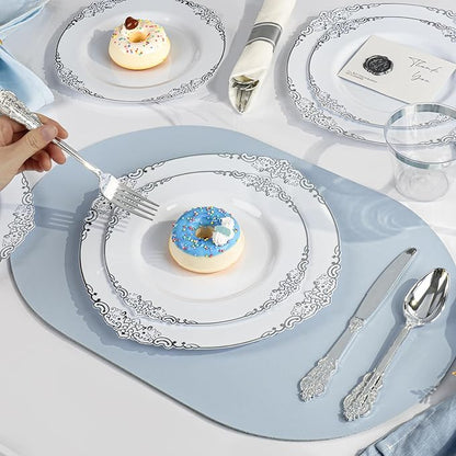 175PCS White and Silver Plastic Plates for 25 Guests, Disposable Dinnerware Sets Include 50 Plastic Plates, 25 Silverwares, 25 Cups, and 25 Pre Rolled Napkins for Party, Graduation