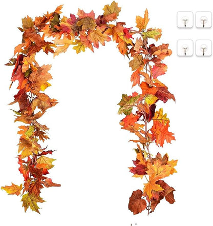 DearHouse 2 Pack Fall Maple Leaf Garland, 5.9Ft/Piece Hanging Vine With 16.4ft 40 Led String Light, Artificial Autumn Thanksgiving Decor for Home Wedding Fireplace Party
