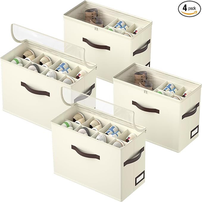 OIAHOMY 4 Pack Shoe Organizer for Closet, Foldable Shoe Storage Bins with Adjustable Dividers, Stackable Oxford Cloth Sneaker Boxes for Entryway Bedroom, Fits Up to 32 Pairs, Beige
