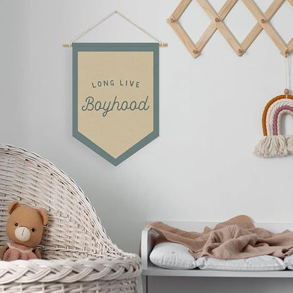 Boys Room Decor, Long Live Boyhood Linen Canvas Banner, Boy Nursery Wall Hanging Pennant Flag Banner for Boys Kids Toddler Room Bedroom Playroom Decor, 15x11in - Blue