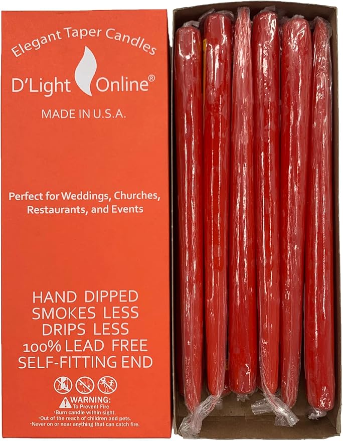 D'light Online Bittersweet Red Orange Elegant 10" Taper Candles, Premium Quality Hand-Dipped Tapered Candles, Unscented, Dripless and Smokeless - Set of 12 Individually Wrapped (10 Inch, Bittersweet)