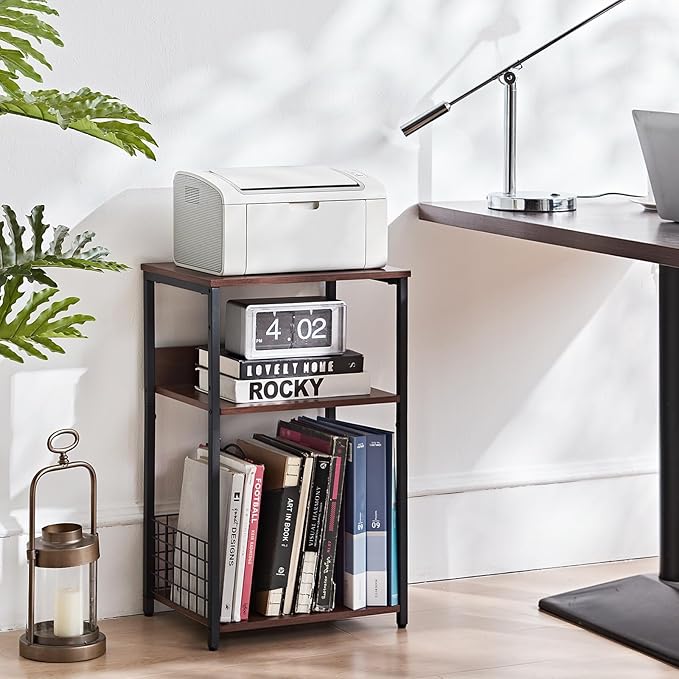 LELELINKY 3 Tier End Table,Record Player Stand with Storage Up to 100 Albums, Turntable Stand for Vinyl, Walnut Couch Nightstand Side Tables for Living Room Bedroom
