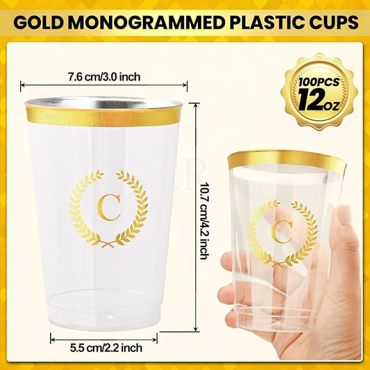 100 Pieces Monogrammed Plastic Cups Gold Foil Letter C Disposable Cups 12 oz Clear Initial Party Cups for Wedding Birthday Baby Shower Personalized Party Drinkware