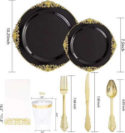 Hioasis 175pcs Black and Gold Plastic Plates - Elegant Disposable Dinnerware Set Suitable for 25 Guests Include 10.25" Dinner & 7.5" Dessert Plates, Cutlery, Napkins, Cups for Party & Wedding