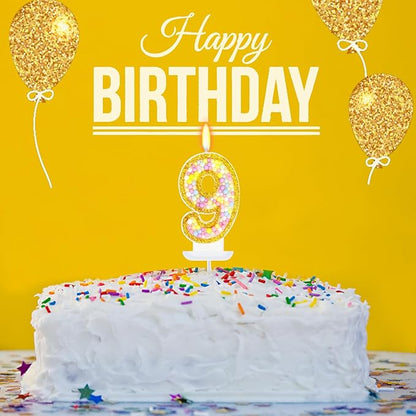 9th Birthday Candle for Cake, Colorful Macaron Numeral Candles for Girls/Boys, Birthday Party Cake Decorations, Golden Cake Topper for Birthday Party Supplies (Number 9)