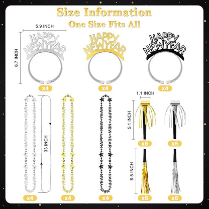 2026 New Years Eve Party Supplies 48 PCS, Happy New Year Decorations Kit - Party Favor Includes Headband, Blowers, Noise Makers & Necklace, NYE Photo Booth Props Accessories Gifts Wearables