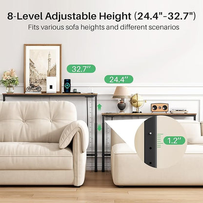 Kitstorack 2-Pack Narrow Console Table with Adjustable Height (25"-33") & 2 Power Outlets, Skinny Behind Couch Table, 78.8" Long x 5.9" Wide Sofa Side Table for Living Room, Rustic Brown | 2-Pack, Behind Sofa Couch