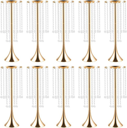 Wedding Centerpieces Gold Vases,10PCS Metal Flower Candle Holder with Sparkling Crystal Beads,Crystal Flower Vase Metal Flowers Stand for Party Tables Decorations (Gold 10PCS Height 21.9in)
