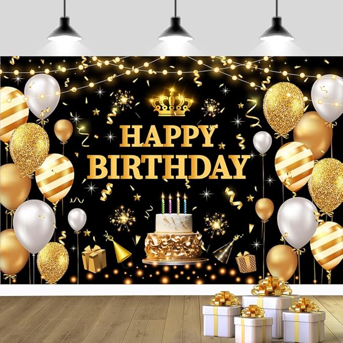YinQin 180x120 cm Glitter Black Golden Happy Birthday Party Photo Backdrops Cloth 71x47 inch Bday Photography Backgrounds Shiny Black Gold Happy Birthday Sign Banner Decorations for Women Men