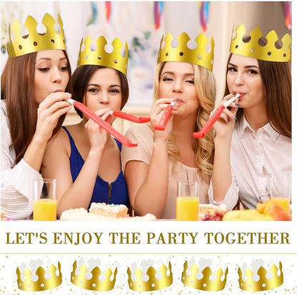 Crtiin 100 Pcs Gold Paper Crowns Birthday Party Bulk for Adults Classroom Students Hat Supplies Favors (Classic Style)