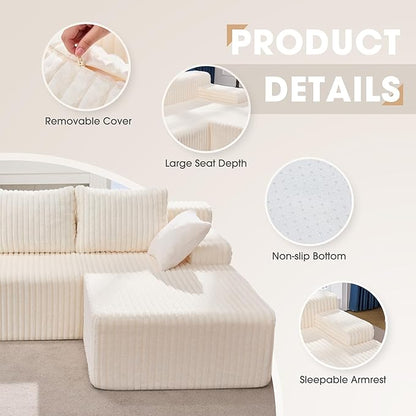 Modular Sectional Sofa Couches L-Shape Couch 3 Seat Modular Sofa Memory Foam Sectional Couches for Living Room, Cloud Couch with Oversized Chaise (White Stripe, 98" Right Facing Chaise)