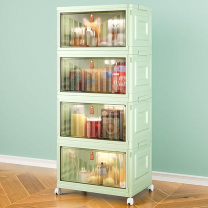 4 Tier Stackable Plastic Storage Bins with Lid and Wheels - 23 QT Storage, Foldable Storage Containers, Organization and Storage Boxes for Craft, Home, Pantry, Dorm, Green