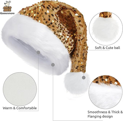 Queenmore Adult's Christmas Santa Claus Hat, Plush Santa Cap, Velvet Headwear, Lined and Fabric-Shedding Resistant