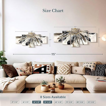 ElephantStock - Necklace Of Feathers Iii Wall Art - Horizontal Multi Panel Canvas - 5 Piece Living Room Wall Decor - Painting Multi Piece Wall Art - Brown And Gray Decor by Eva Watts - 55" x 24"