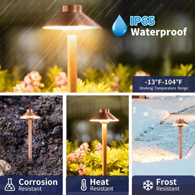Gardenreet Brass Low Voltage Copper Garden Lights, Outdoor Pathway Light, 12V LED AC/DC Bronze Hat Top Path Lamp for Sideway House Walkway with 3W 270LM 4000K G4 Bulb 8 Pack