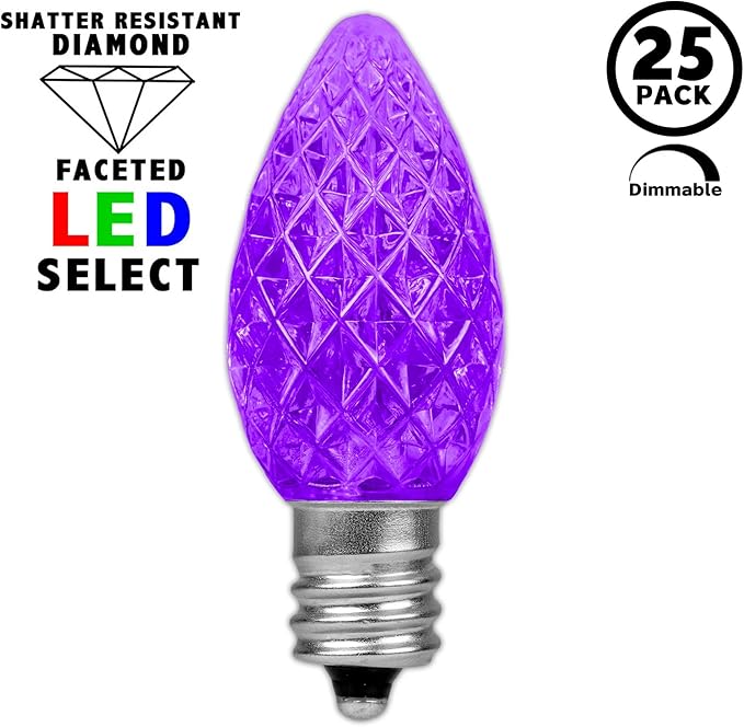 Novelty Lights 25pk Purple C7 LED Faceted Christmas Light Replacement Bulbs, Ultra Bright Dimmable Replacement Lamps for Indoor/Outdoor Light Strings