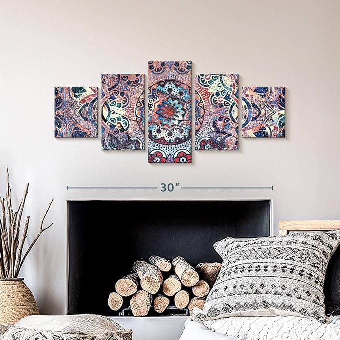 ElephantStock - Mandala Enchantment Wall Art - Horizontal Multi Panel Canvas - 5 Piece Living Room Wall Decor - Digital Art Elements Multi Piece Wall Art - Blue And Beige Decor - 36" x 15"