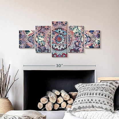 ElephantStock - Mandala Enchantment Wall Art - Horizontal Multi Panel Canvas - 5 Piece Living Room Wall Decor - Digital Art Elements Multi Piece Wall Art - Blue And Beige Decor - 36" x 15"